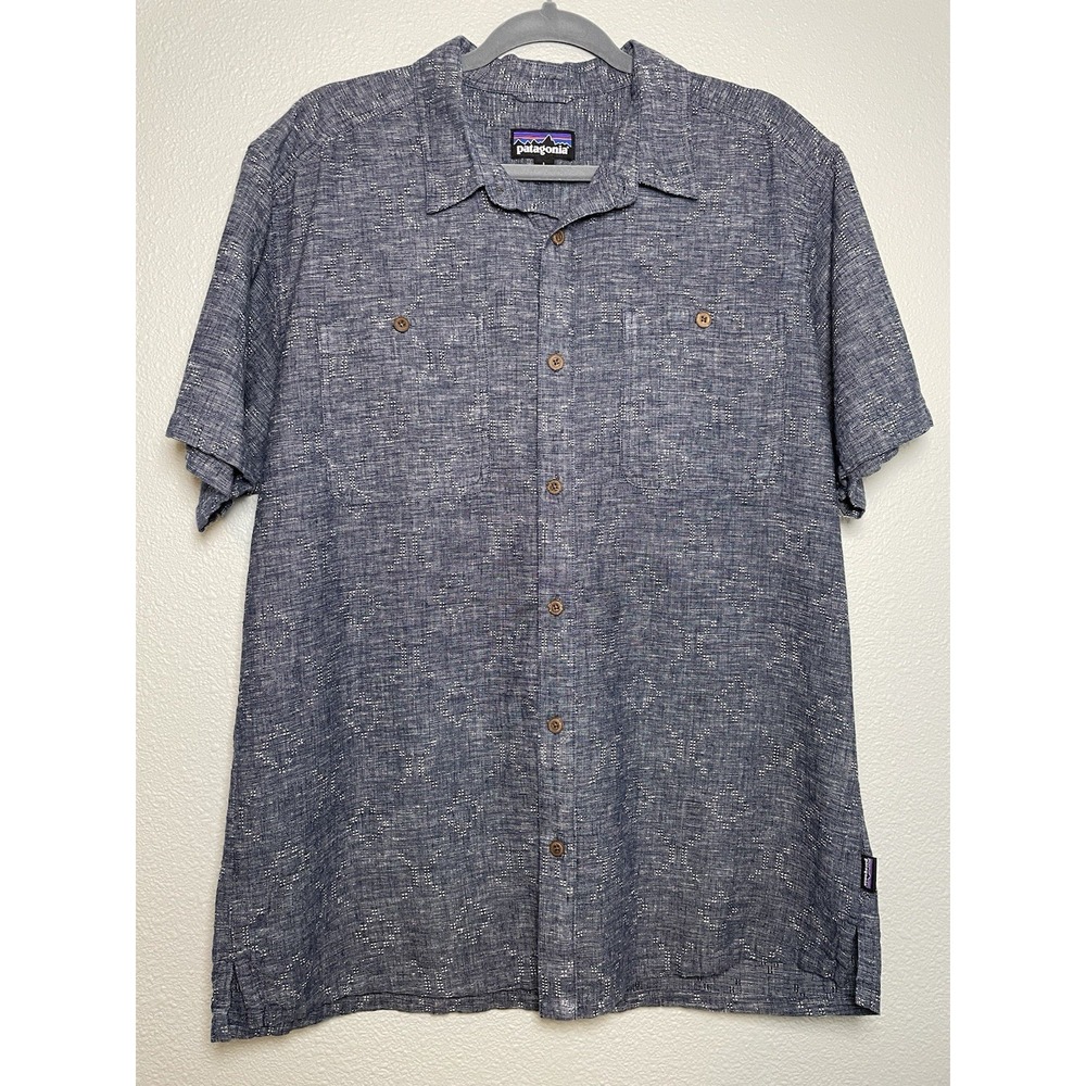 Patagonia Men's Back Step Shirt Size L‎ Blue Button-Up ORGANIC Cotton Hemp Blend